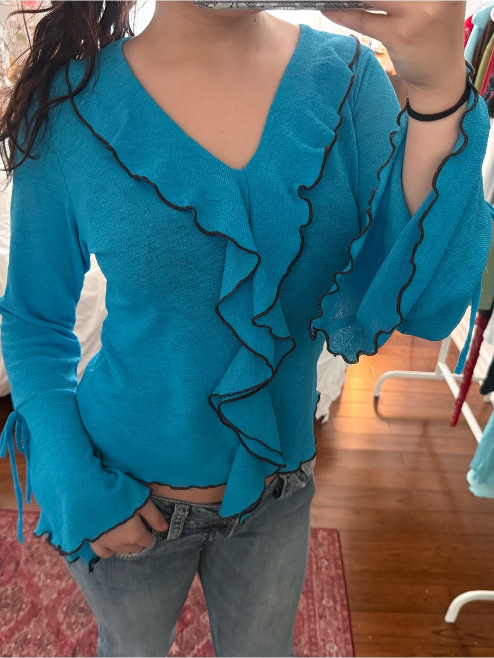 Women’s Ruffled V-Neck Top in Turquoise